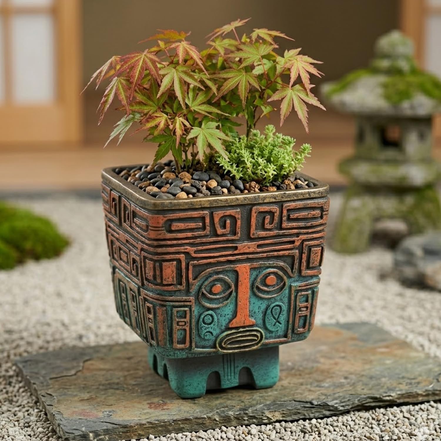 Amazon.co.jp: 植木鉢 4.5号相当 ボヘミアン 青銅器調 人面 角鉢